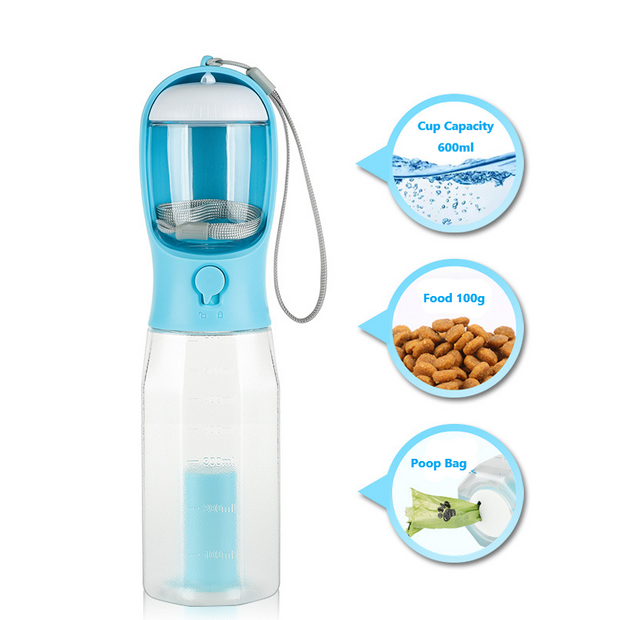 New! Three-in-one Pet Water Bottle, Portable - Pet Water Bottle with Cup, Food Container & Poop Bag Dispenser