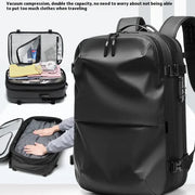 Pro commuter backpack in light grey, designed to accommodate a 17-inch computer, waterproof and stylish.
