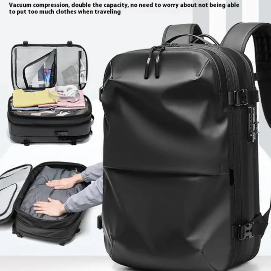 Pro commuter backpack in light grey, designed to accommodate a 17-inch computer, waterproof and stylish.