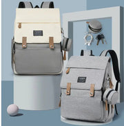 Mommy Backpack Multifunction Baby Diaper Bag displayed in gray and cream colors, ideal for stylish moms on the go.