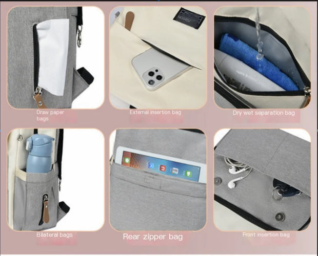 Mommy backpack compartments including draw paper bags, external insertion bag, and rear zipper bag for organization.