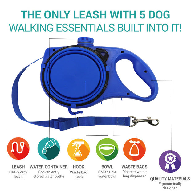 Dog walking rope with built-in water bottle and bowl, Three-in-one portable pet leash