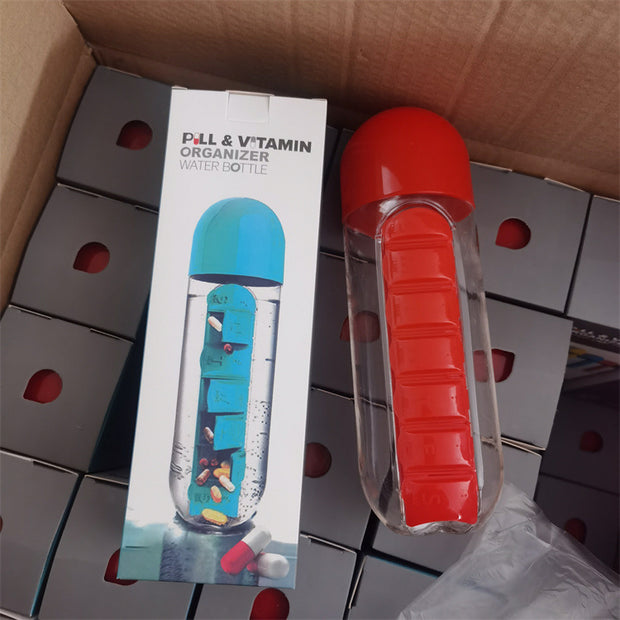 Two-in-One Medicine Bottle, Water bottle with medicine box, 7 compartments, Outdoor portable