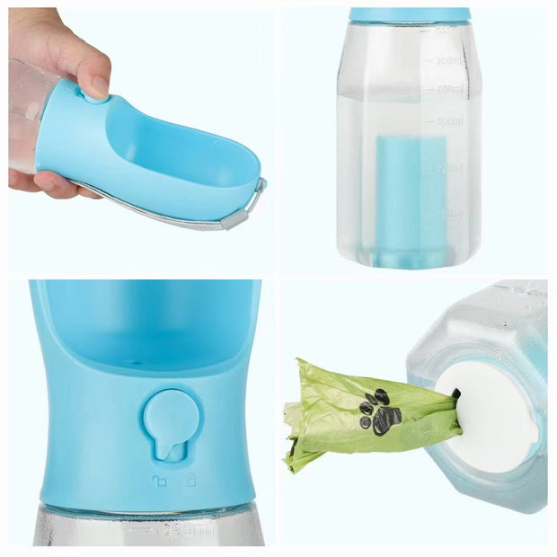 New! Three-in-one Pet Water Bottle, Portable - Pet Water Bottle with Cup, Food Container & Poop Bag Dispenser