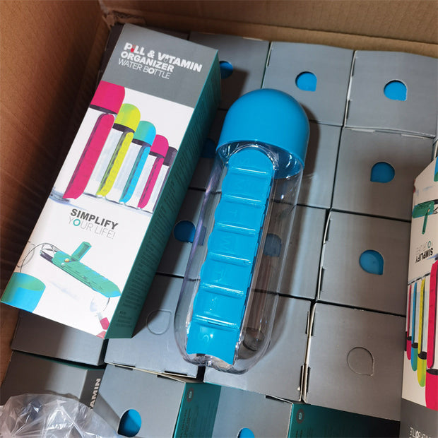 Two-in-One Medicine Bottle, Water bottle with medicine box, 7 compartments, Outdoor portable