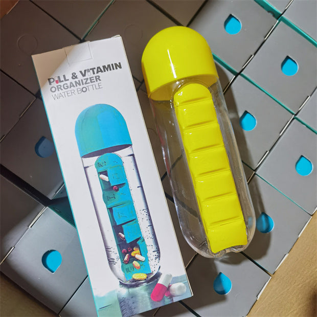 Two-in-One Medicine Bottle, Water bottle with medicine box, 7 compartments, Outdoor portable