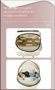 Mommy backpack showing internal compartments for organization and easy access to baby essentials.