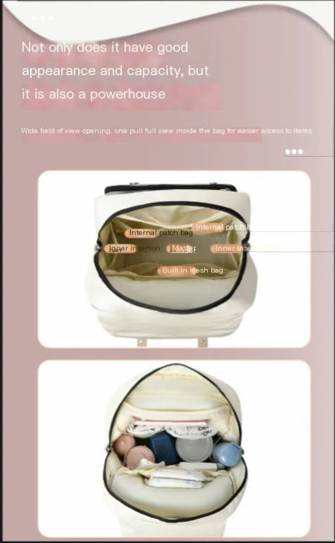 Mommy backpack showing internal compartments for organization and easy access to baby essentials.