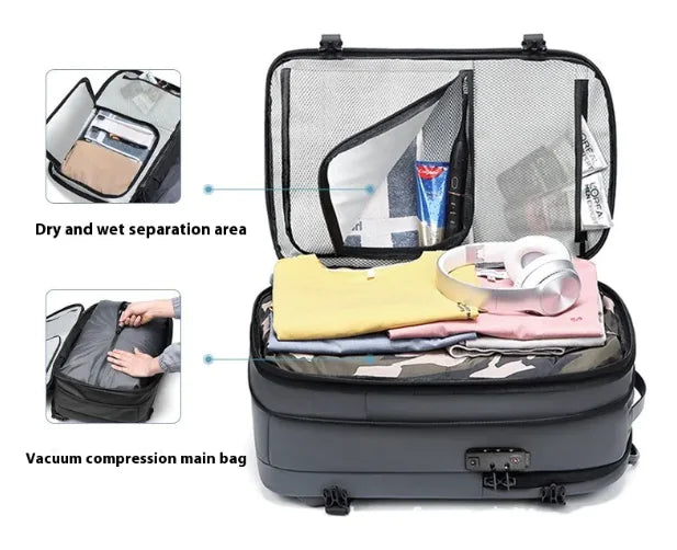 Pro commuter backpack in light grey, designed to accommodate a 17-inch computer, waterproof and stylish.