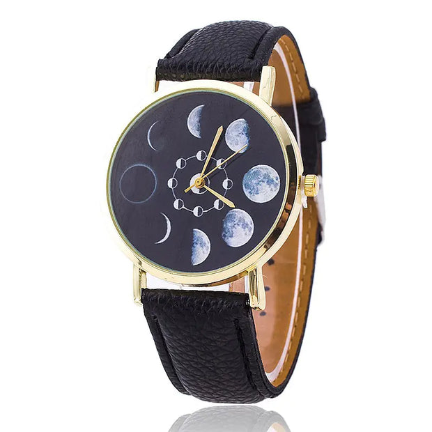 "Moon Phase Surface Watch with Leather Strap"