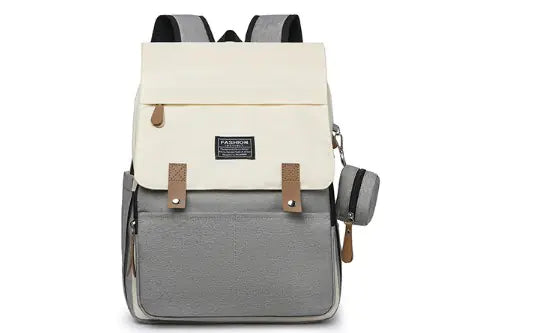 Mommy backpack multifunction baby diaper bag in stylish gray and cream design, perfect for moms on the go.