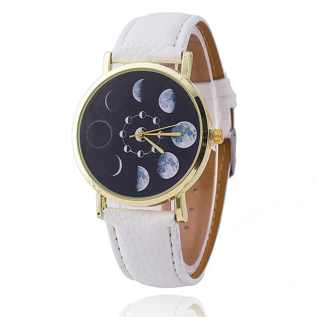 "Moon Phase Surface Watch with Leather Strap"