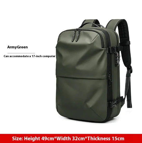 Pro commuter backpack in Army Green, waterproof design, accommodates 17-inch laptop, ideal for commuting and travel.